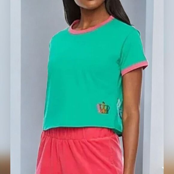 Juicy Couture RAINBOW Glitter T-SHIRT Size 2X KELLY Green CROWN Irridescent CROP - Picture 1 of 3